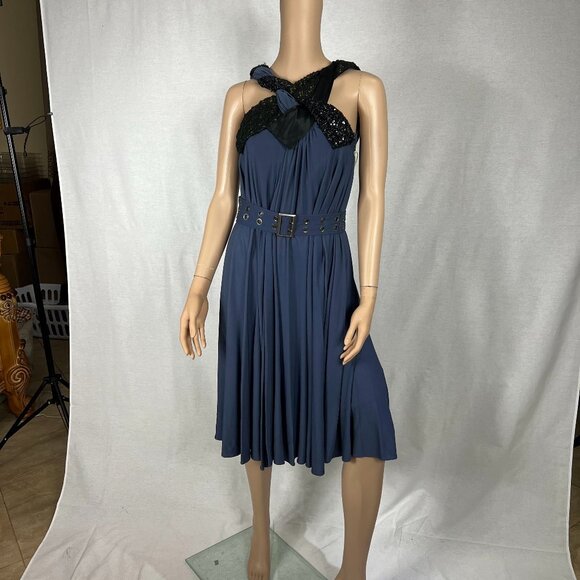 Navy Blue Sequin Halter Belted Dress - Picture 1 of 1